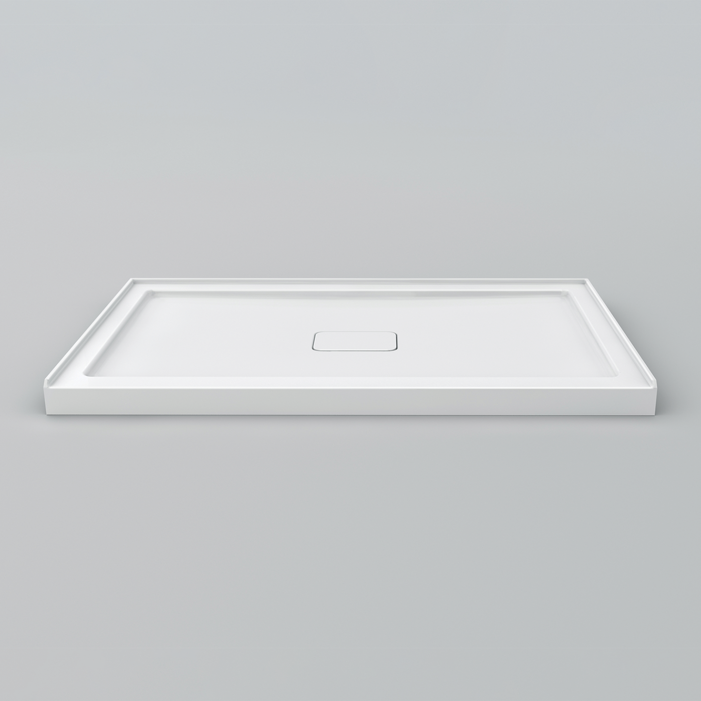 Acritec Covered Drain single threshold shower base in white, recessed acrylic drain cover, available in multiple sizes
