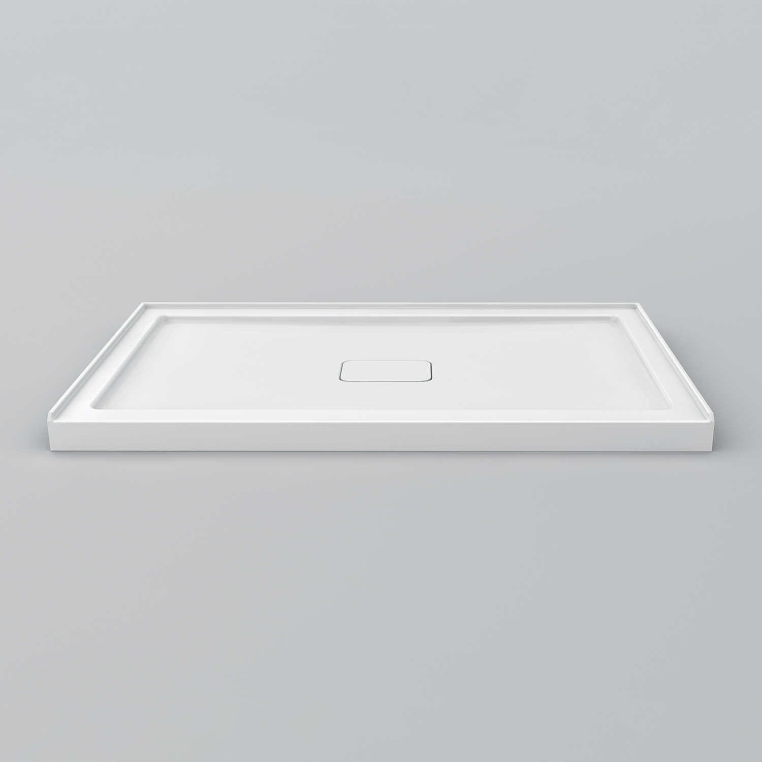 Acritec Covered Drain single threshold shower base in white, recessed acrylic drain cover, available in multiple sizes