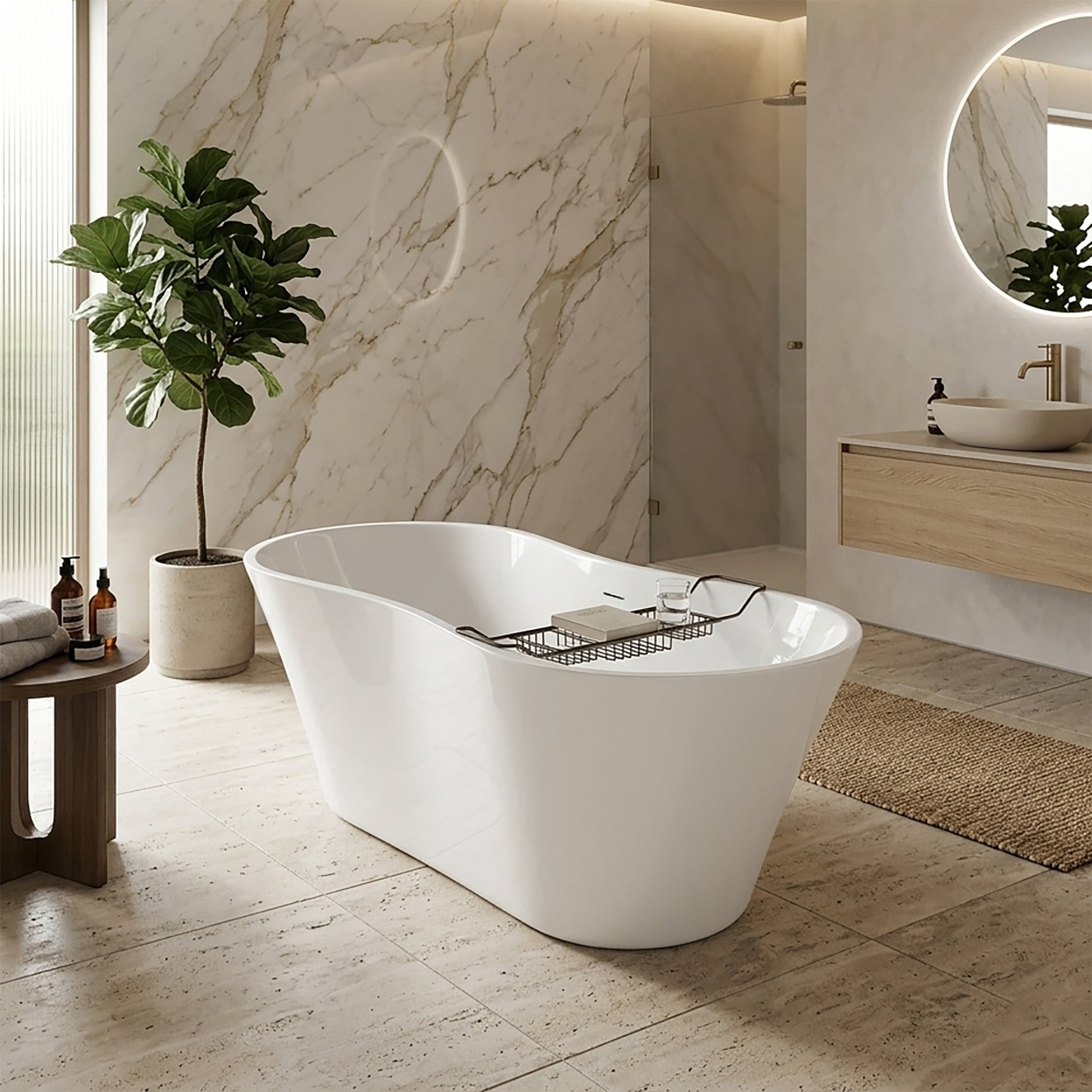 Acritec Palermo 46507 Freestanding Cast Composite Soaker Bathtub 64 x 28 x 22-1/4 in Gloss White